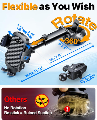 2026 Ultimate Best【True Military-Grade & Safety Cert】Car Phone Holder HTU【Upgraded 360 Rotation & 100+LBS Strongest Suction】5-in-1 Truck Windshield Dashboard Vent Mount Stand for iPhone Android, Black