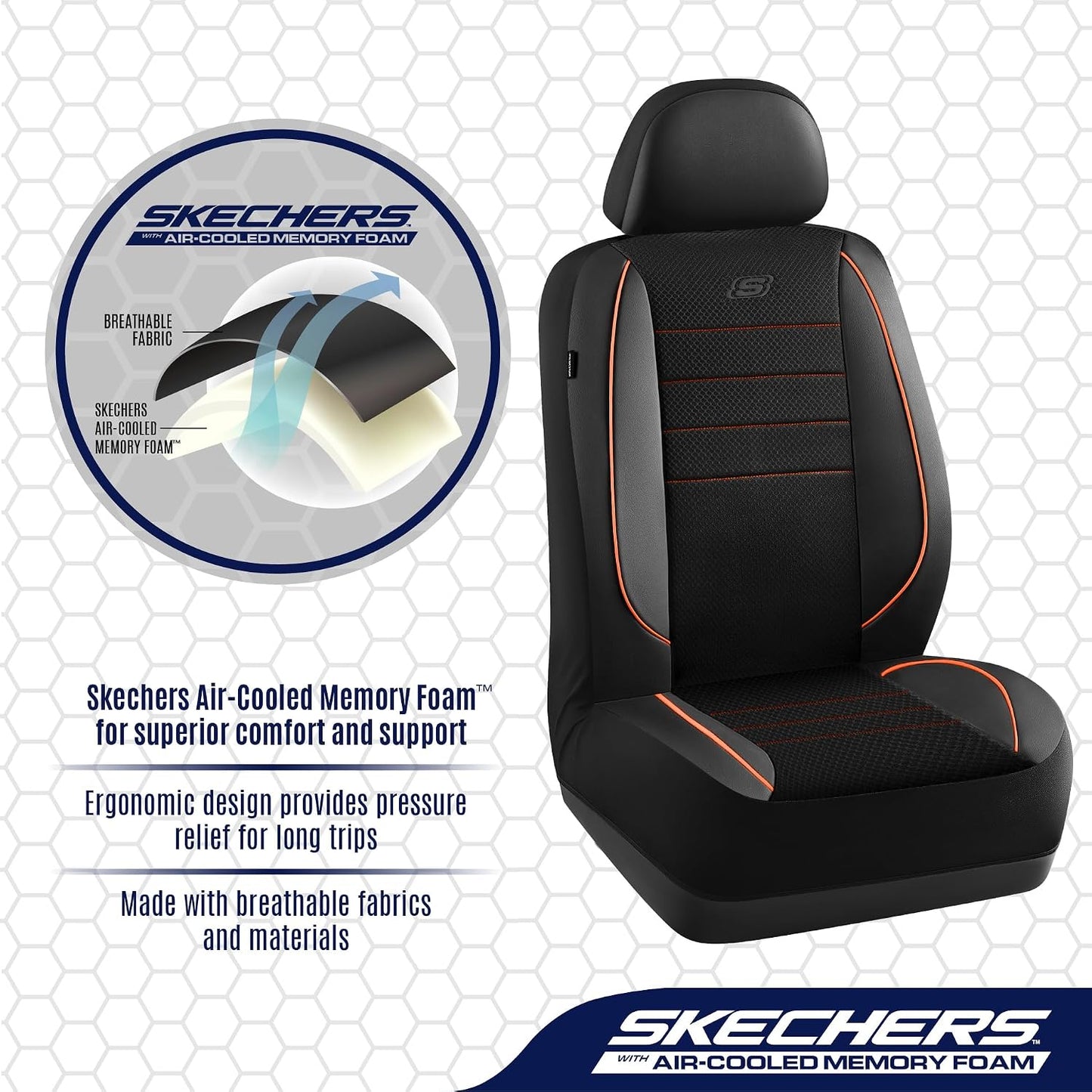 Skechers Air-Cooled Memory Foam Seat Covers,Mesh Thick Car Seat Covers,Piping Leather Car Seat Covers Front Seats,Airbag Compatible,Automotive Comfort Universal FitMost Cars,Vans,Truck,SUV,Black