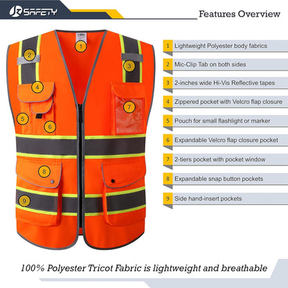 JKSafety 9 Pockets Class 2 High Visibility Zipper Front Safety Vest With Reflective Strips,Meets ANSI/ISEA Standard (Large, 150-Yellow) - Colors B