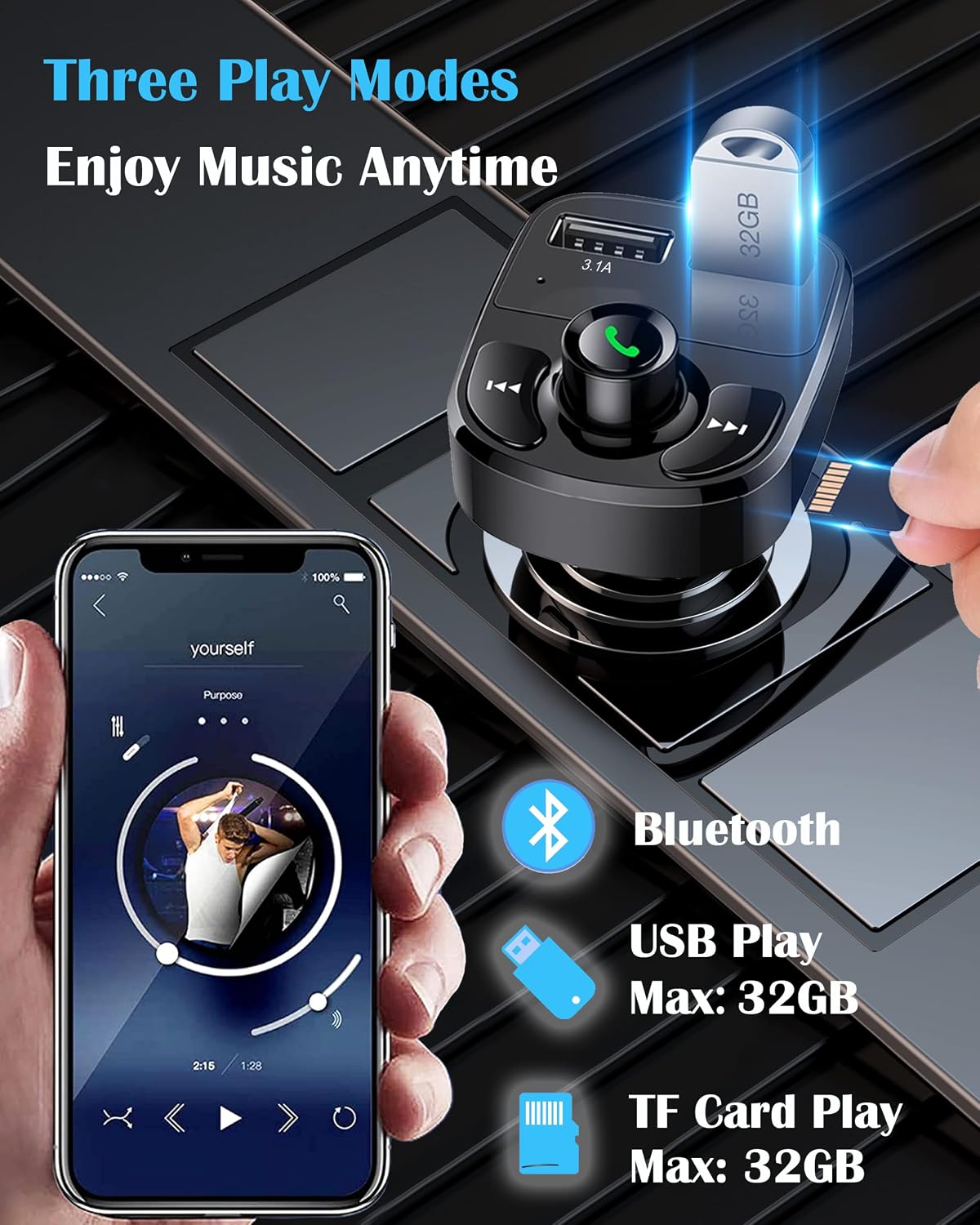 LIHAN Handsfree Calling Car Charger,Wireless Bluetooth 5.3 FM Transmitter Radio Receiver,MP3 Audio Music Adapter,Dual USB Ports,Compatible for iPhone Samsung Smartphones,Spotify & GPS Navigation
