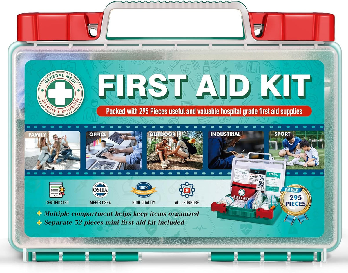 General Medi 110 Pieces Small First Aid Kit - HardCase First Aid Box - Contains Premium Medical Supplies for Travel, Home, Office, Vehicle, Camping, Workplace & Outdoor