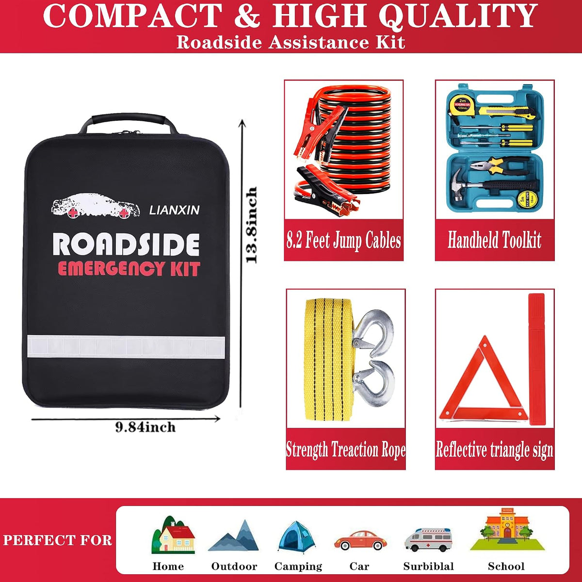 142 PCS Emergency Roadside Kit for Car ,Safety Car Kit with Jumper Cables | Roadside Assistance Emergency Kit Warning Triangle, Safety Hammer, Tow Rope, Car Emergency Kit Gifts for New Drivers