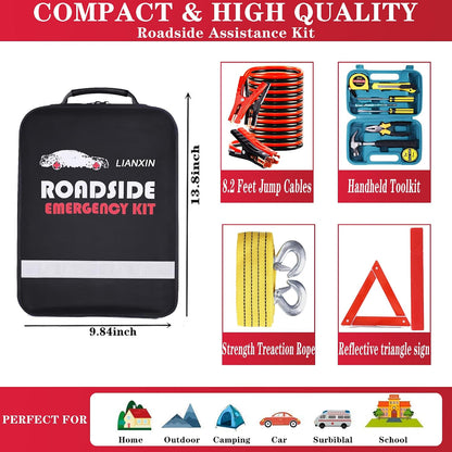 142 PCS Emergency Roadside Kit for Car ,Safety Car Kit with Jumper Cables | Roadside Assistance Emergency Kit Warning Triangle, Safety Hammer, Tow Rope, Car Emergency Kit Gifts for New Drivers