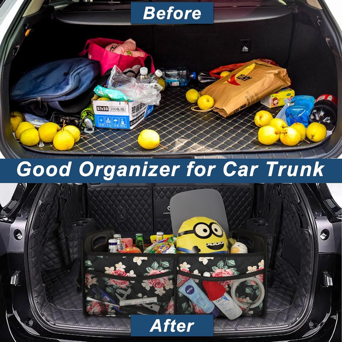 Deosk Car Trunk Organizer for SUV, Car Organizers and Storage with Reinforced Handles, Car Accessories for Women/Men 50LWaterproof Polyester Trunk Organizer, Black