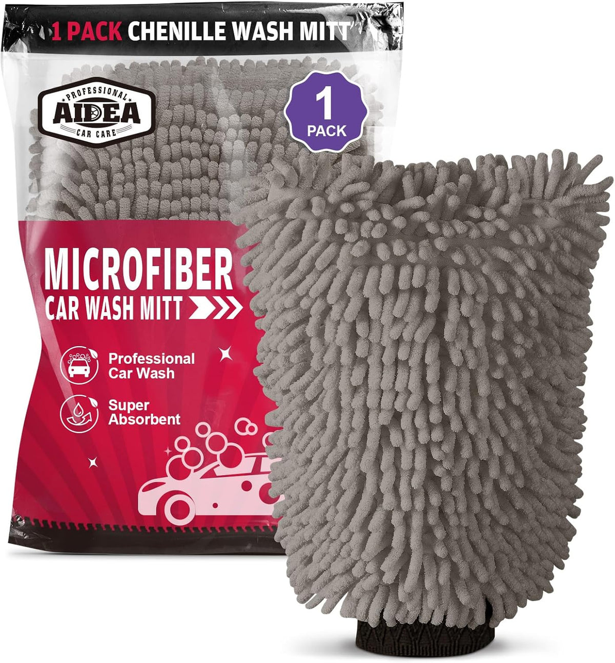 AIDEA Car Wash Mitt Microfiber, 1PK-Scratch-Free& Lint-Free, Premium Chenille Microfiber Mitt Car Wash Brush-Green Regular Size (7.12''X10.14'')