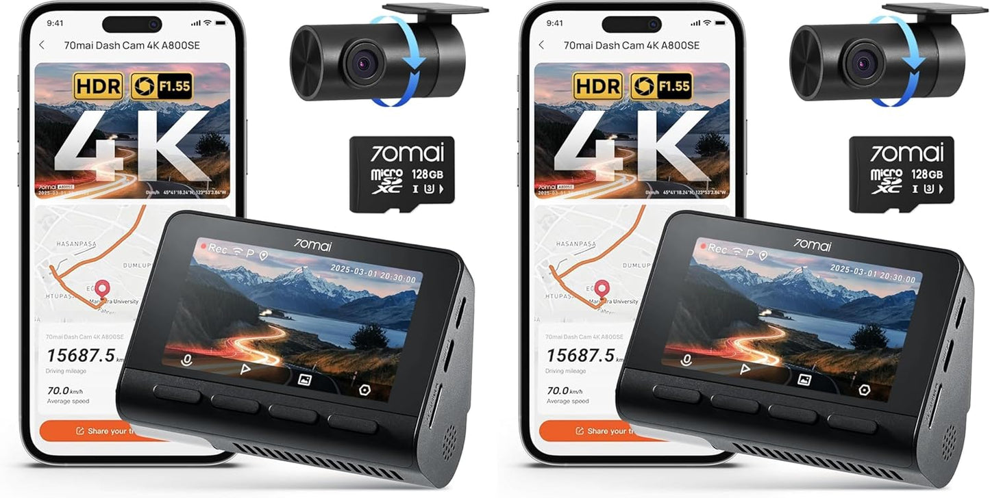 70mai 4K Dash Cam Front and Rear, Built in Wi-Fi 6 & GPS Car Camera, Super Night Vision, ADAS, 3'' IPS Screen, 24H Parking Mode, Time-Lapse, Loop Recording, with 128GB Card (A800SE)