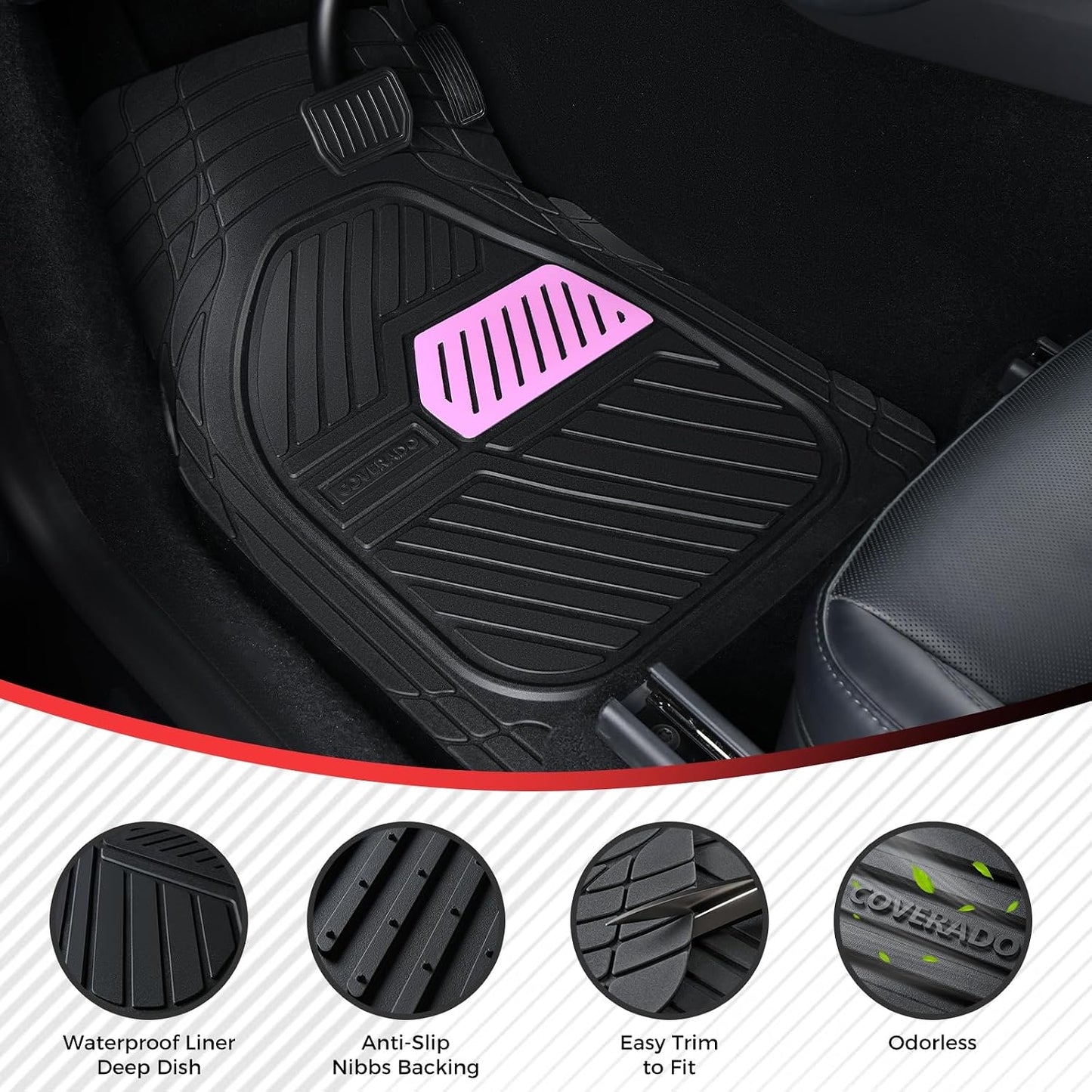 Coverado Car Floor Mats All Weather Waterproof Deep Dish Anti-Slip Car Mats Set, Heavy Duty Rubber Floor Mats for Cars, Universal Trim to Fit Automotive Floor Mats for Cars Trucks SUV, Black&Red