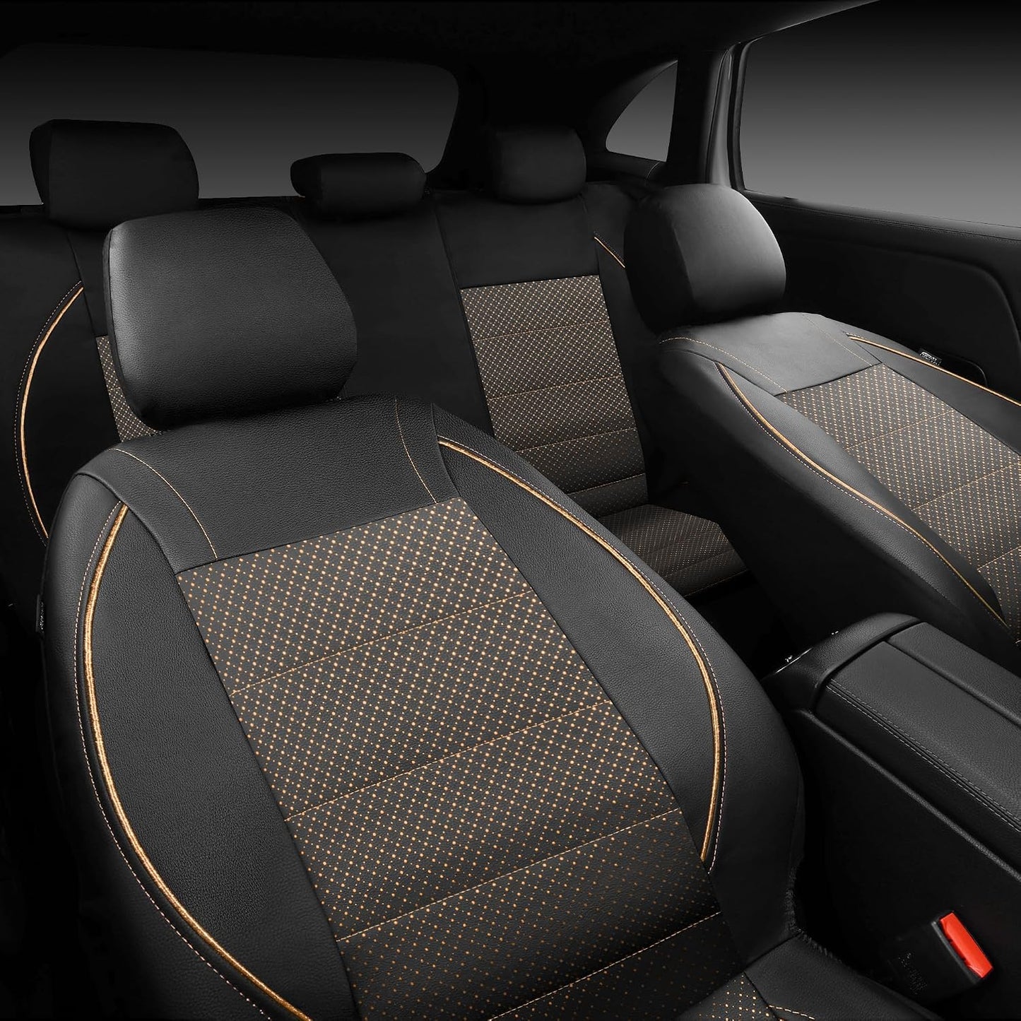 CAR PASS Universal FIT Piping Leather Two Front Seat Covers, Waterproof Faux Leather for SUV Sedan Van Truck, Airbag Compatible,Reserved Opening Holes for Headrest Covers. (Black red)