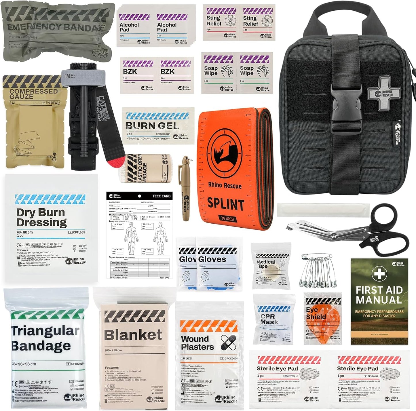 RHINO RESCUE IFAK Trauma Kit with C-A-T Tourniquet for Wound Care, Tactical First Aid Kit Molle Pouch for Military, Combat, Car, Camping, Hiking, Travel (Black)
