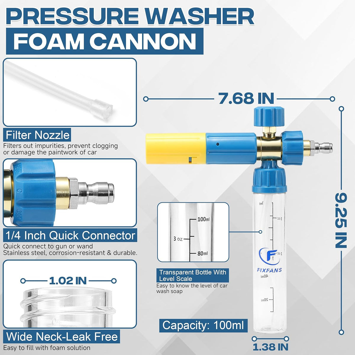 FIXFANS Foam Cannon Gun Dual Connector Accessory for Pressure Washer, Double Tip Attachment Soap Cannon with Power Washer Short Gun, Car Wash Foam Gun Kit, 1/4" Quick Connect, 5 Nozzle Tips