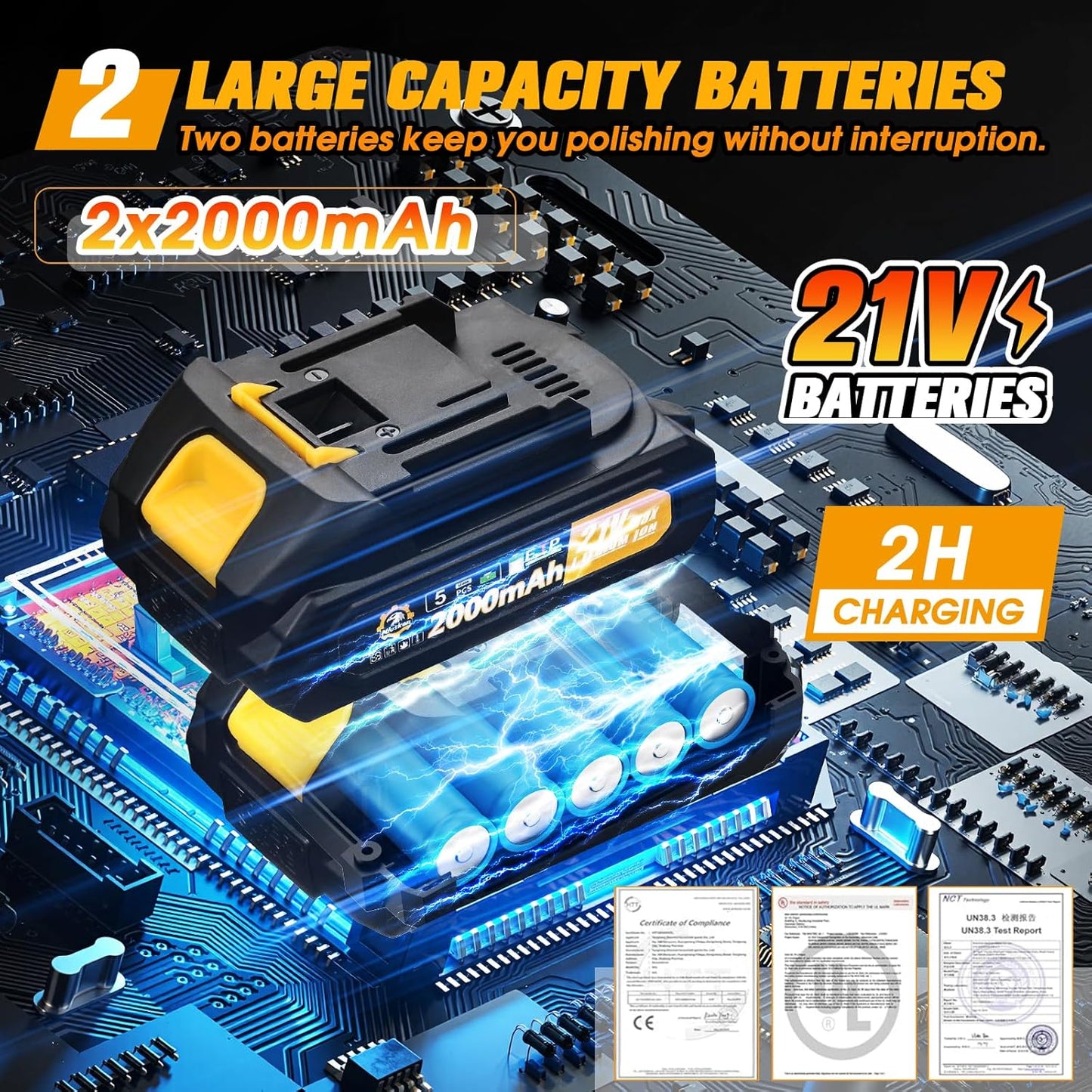 Cordless Car Buffer Polisher kit [2x 2000mAh 21V Batteries & 18 PCS Attachments] 6-Speed Orbital Design, LED Display, Lightweight Detailing Tool for Waxing, Polishing & Scratch Removal-Yellow