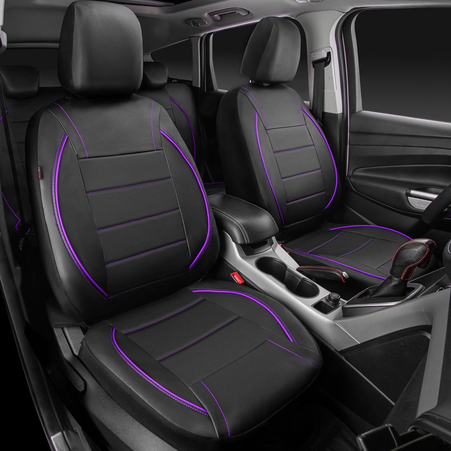 CAR PASS Universal FIT Piping Leather Two Front Seat Covers, Waterproof Faux Leather for SUV Sedan Van Truck, Airbag Compatible,Reserved Opening Holes for Headrest Covers. (Black red)