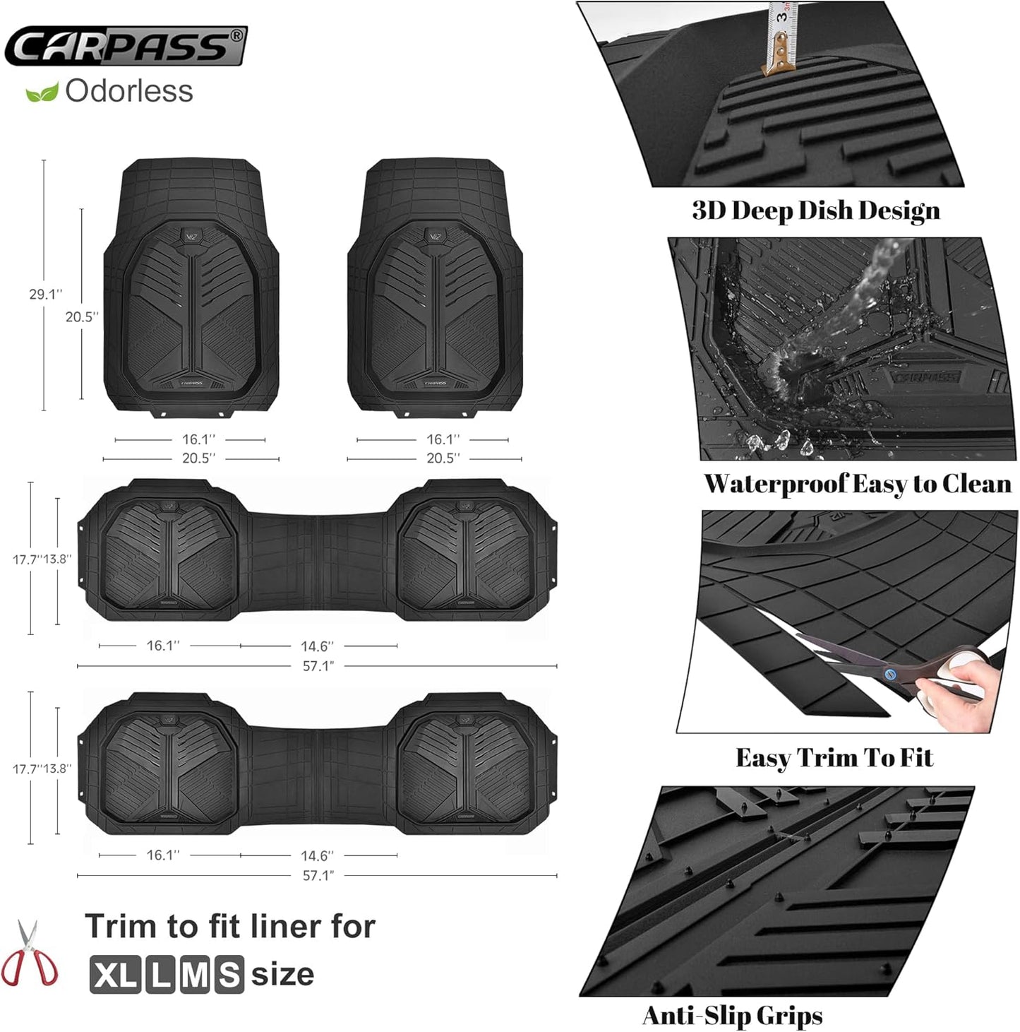 CAR PASS Heavy Duty Rubber Car Mats with Cargo Liner, Deep-Dish Car Floor Mats and Trunk Mat All Weather, Universal Trim-to-Fit for SUVs Trucks Sedans, Waterproof Anti-Slip, Trimmable V12 Black