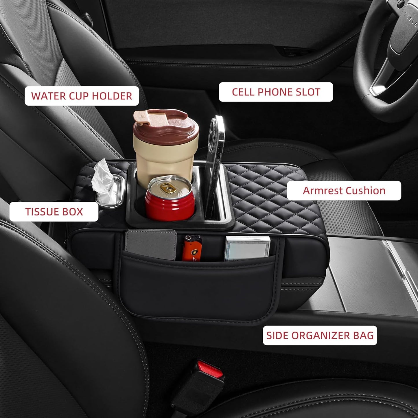 5 in 1 Car Center Console Cover, Armrest Pad with 2 Storage Pockets, Cup Holder, Tissue Slot, Phone Holder, Nappa Leather Memory Foam Car Accessories for SUV Sedan Truck (Black)