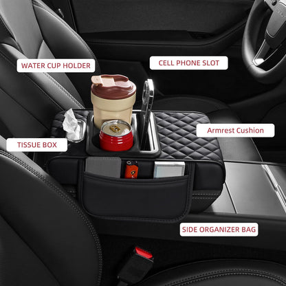 5 in 1 Car Center Console Cover, Armrest Pad with 2 Storage Pockets, Cup Holder, Tissue Slot, Phone Holder, Nappa Leather Memory Foam Car Accessories for SUV Sedan Truck (Black)