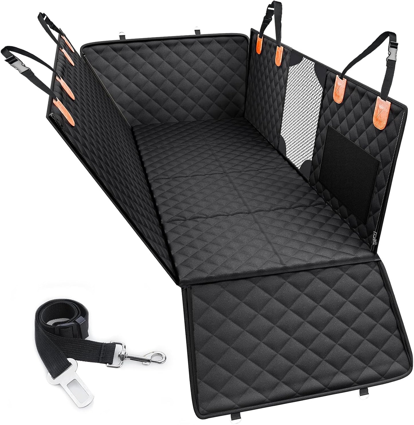 PETICON Back Seat Extender for Dogs, Hard Bottom Dog Car Seat Cover - Supports 400lbs, Rear Seat Pet Cover with Mesh Window, Waterproof Dog Hammock for Car SUV