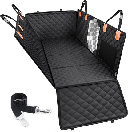 PETICON Back Seat Extender for Dogs, Hard Bottom Dog Car Seat Cover - Supports 400lbs, Rear Seat Pet Cover with Mesh Window, Waterproof Dog Hammock for Car SUV