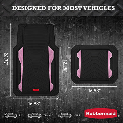 Rubbermaid Car Floor Mat, Heavy Duty All-Weather Car Mats Full Set with Dual-Tone Pink Aluminum Inserts – Universal Fit, Anti-Slip Backing, Trim-to-Fit for Most SUV, Sedan, Van