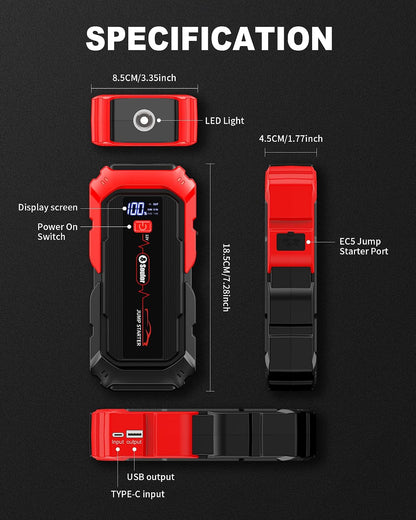 Jump Starter, Battery Jumper Starter Portable, Car Battery Jump Starter with 3 Modes Flashlight, Compass, Power Bank and Jumper Cable