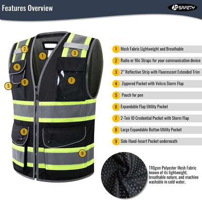 JKSafety 9 Pockets Class 2 High Visibility Zipper Front Safety Vest With Reflective Strips,Meets ANSI/ISEA Standard (Large, 150-Yellow) - Colors A