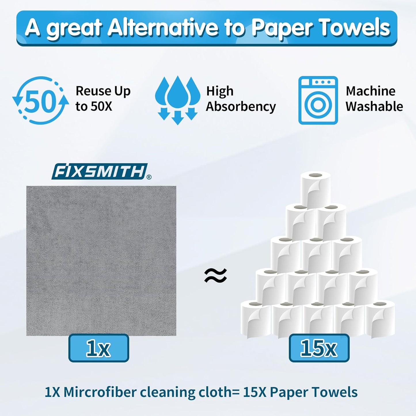 FIXSMITH Microfiber Cleaning Cloth - Pack of 50, Microfiber Towels for Cars 16 x 12 in, Highly Absorbent Cleaning Rags, Lint-Free, Streak-Free Cleaning Cloths for Car Kitchen Home Office