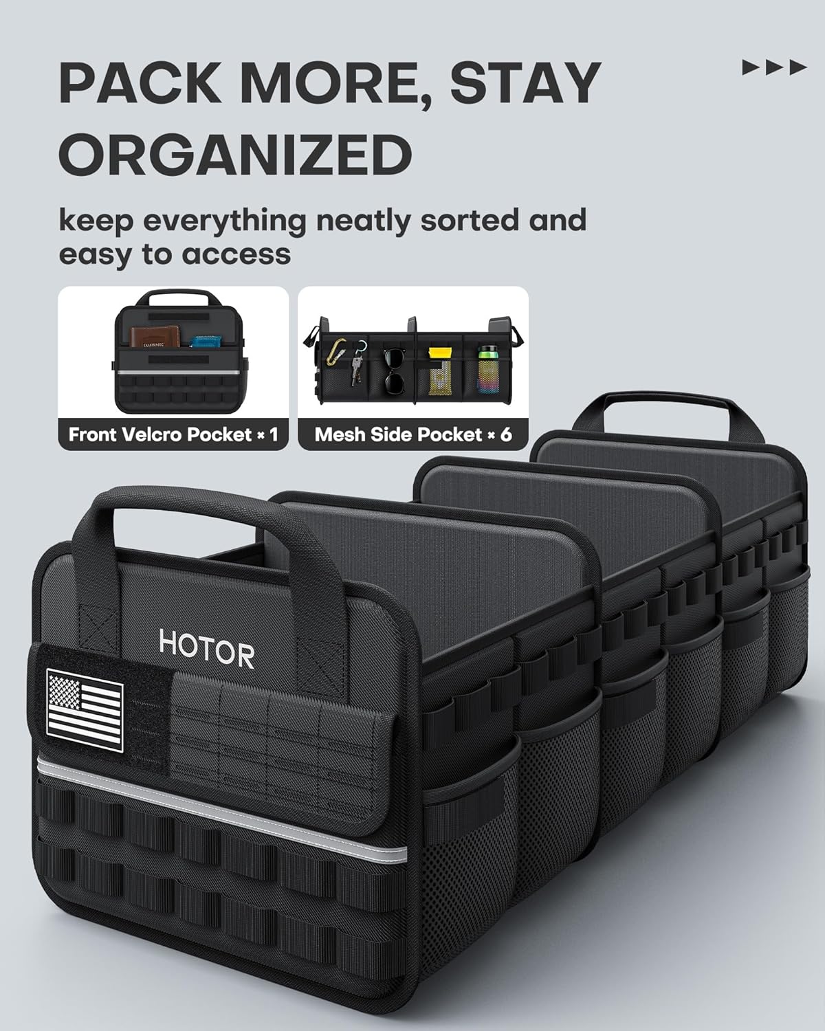 HOTOR Tactical Car Trunk Organizer - Foldable Trunk Organizer for SUV with Front MOLLE Pocket & Reflective Strips, Essential Car Accessories for Tools & Outdoor Storage, 12.8" x 21.7" x 11.0", Black