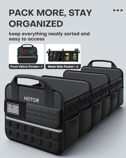 HOTOR Tactical Car Trunk Organizer - Foldable Trunk Organizer for SUV with Front MOLLE Pocket & Reflective Strips, Essential Car Accessories for Tools & Outdoor Storage, 12.8" x 21.7" x 11.0", Black