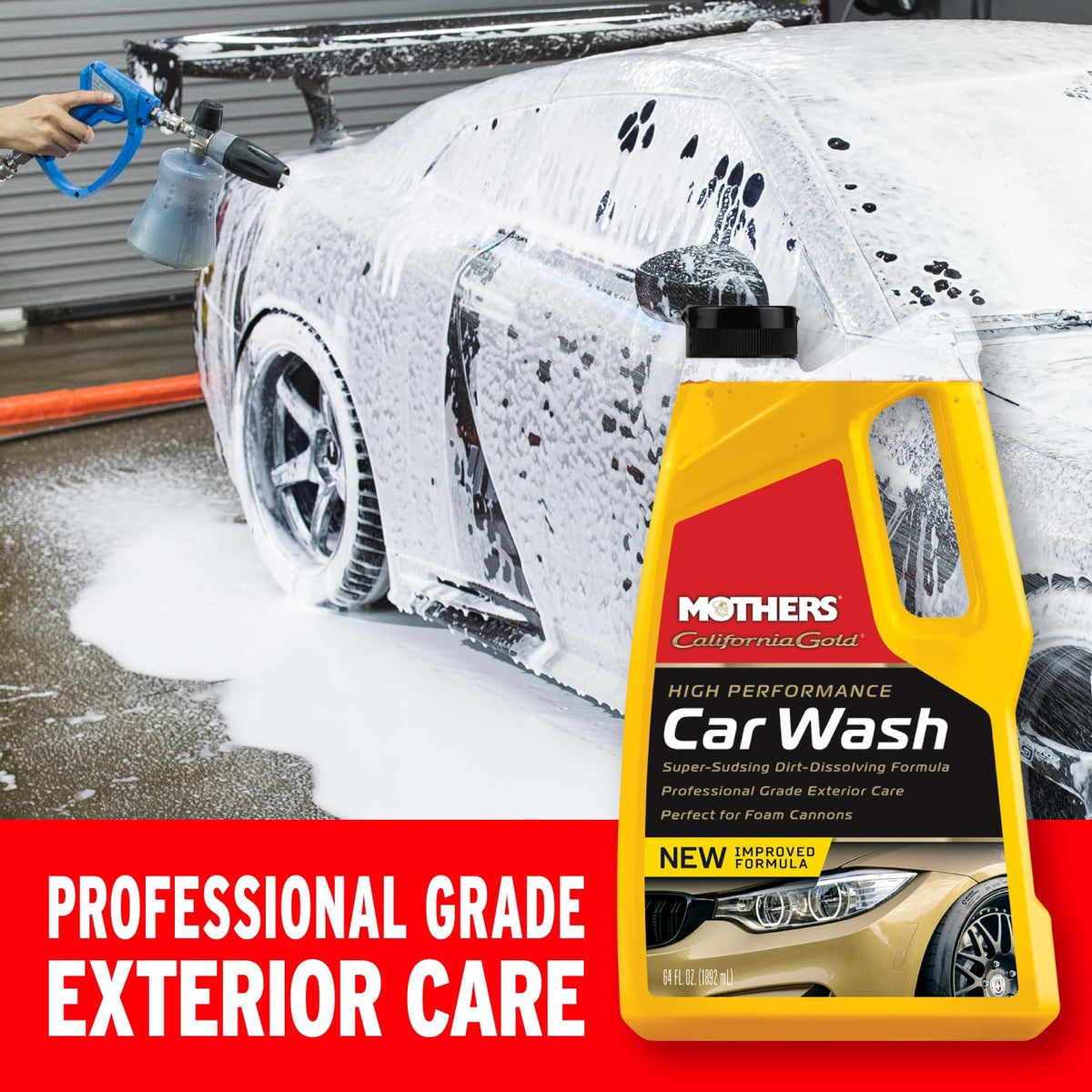 Mothers California Gold High Performance Car Wash, 64 oz. — pH Balanced, Eco-Friendly, Super-Sudsy, Foam Cannon, Safely Cleans Without Stripping Wax, Sealant or Coating, Removes Dirt & Grime (05664)