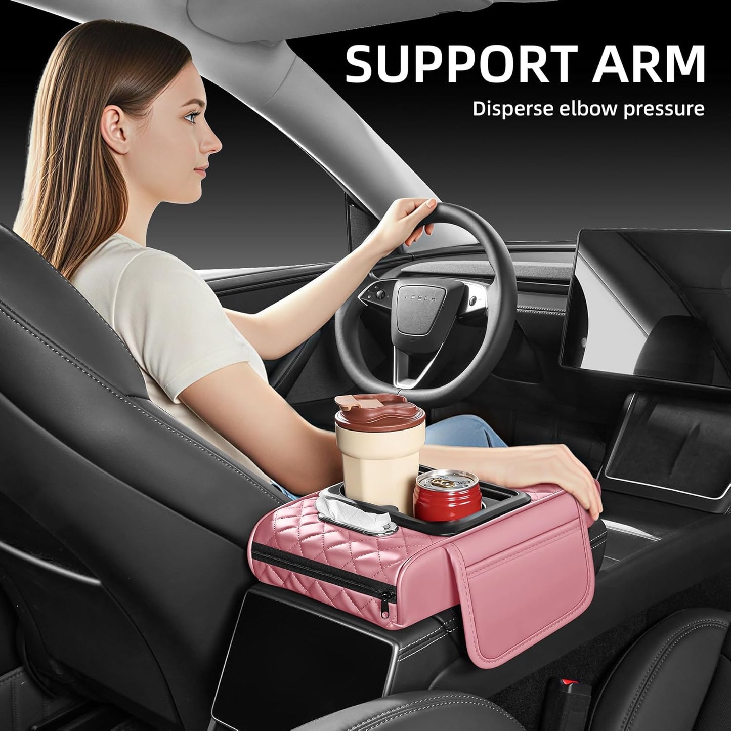 5 in 1 Car Center Console Cover, Armrest Pad with 2 Storage Pockets, Cup Holder, Tissue Slot, Phone Holder, Nappa Leather Memory Foam Car Accessories for SUV Sedan Truck (Black)