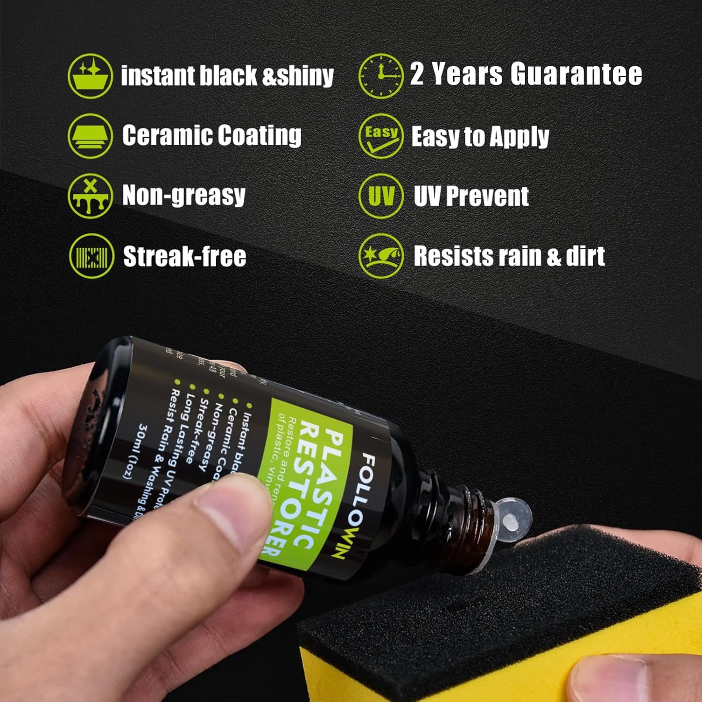FOLLOWIN Plastic Restorer for Cars, Professional Ceramic Trim Restorer for Black Plastic Trim Restoration, Non Greasy Formula, Streak Free Finish to Plastic, Rubber & Vinyl on Truck, SUV and RV, 30ml