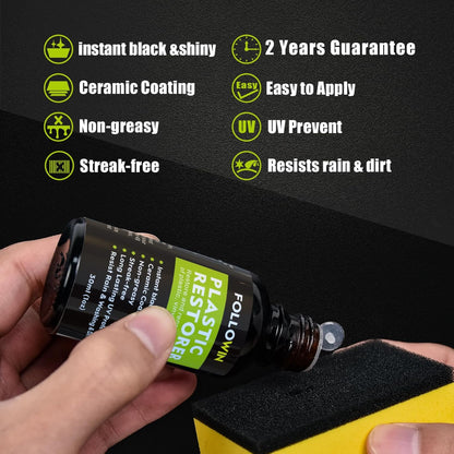 FOLLOWIN Plastic Restorer for Cars, Professional Ceramic Trim Restorer for Black Plastic Trim Restoration, Non Greasy Formula, Streak Free Finish to Plastic, Rubber & Vinyl on Truck, SUV and RV, 30ml