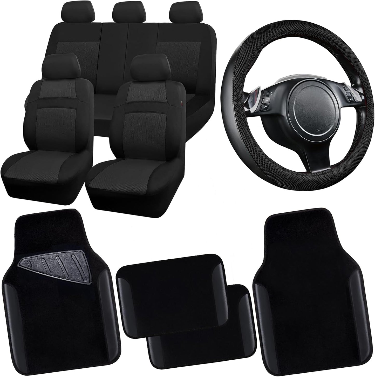 CAR PASS Waterproof Universal Fit Car Floor Mats, Faux Leather Car Carpet Mats, Black Car Mats with Anti-Slip Nibbs Backing & Driver Heel Pad Fit for SUV,Vans,sedans, Trucks,Set of 4pcs(All Black)