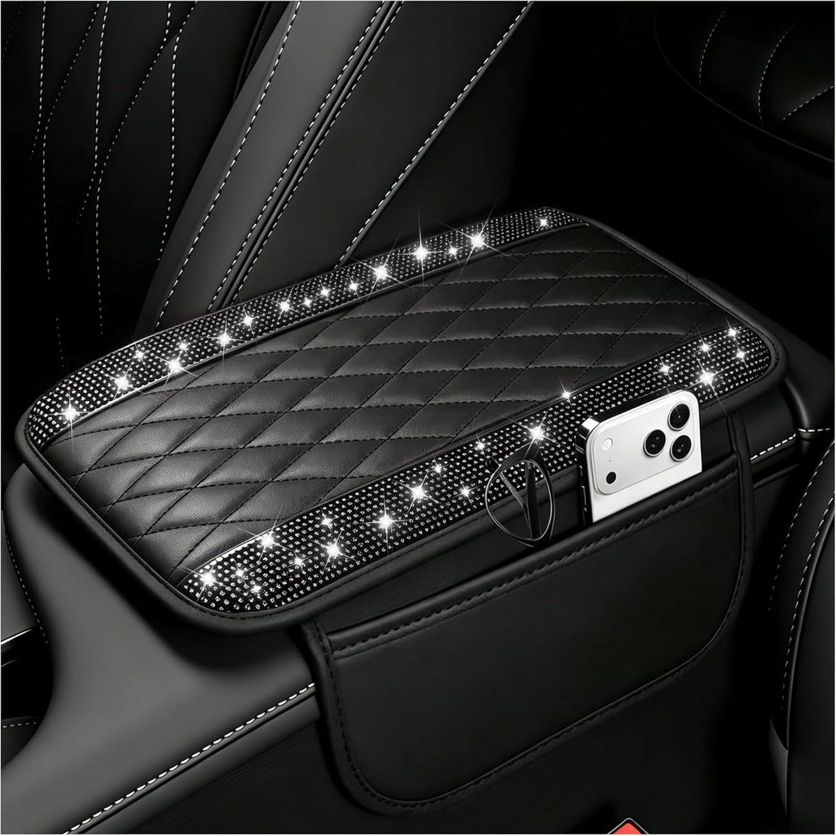 Stacool Upgraded Car Center Console Cover,Microfiber Leather Car Armrest Cover Cushion with 2 Storage Bags,Universal Car Armrest Storage Box (Black)