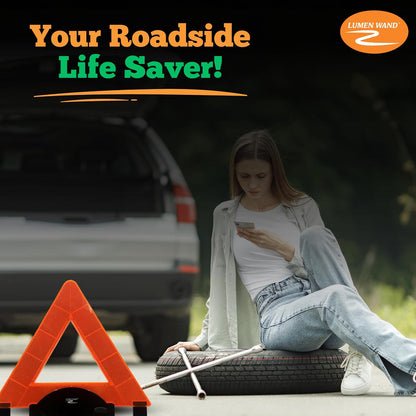Lumen Wand Reflective Warning Triangle with LED Lights for Road Safety Metal Base | Internal LED with External Reflectors Emergency Triangle for Car Breakdowns