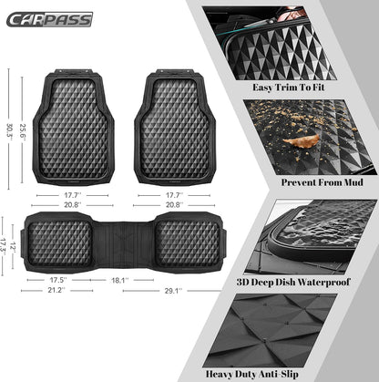CAR PASS Heavy Duty Rubber Car Mats, Deep Dish All-Weather Floor Mat for Car Full Set Durable Anti-Slip 3D Rhombus Waterproof Trim to Fit Liner Universal Fit Automotive,Sedan,SUV,Truck, 3 Piece Black