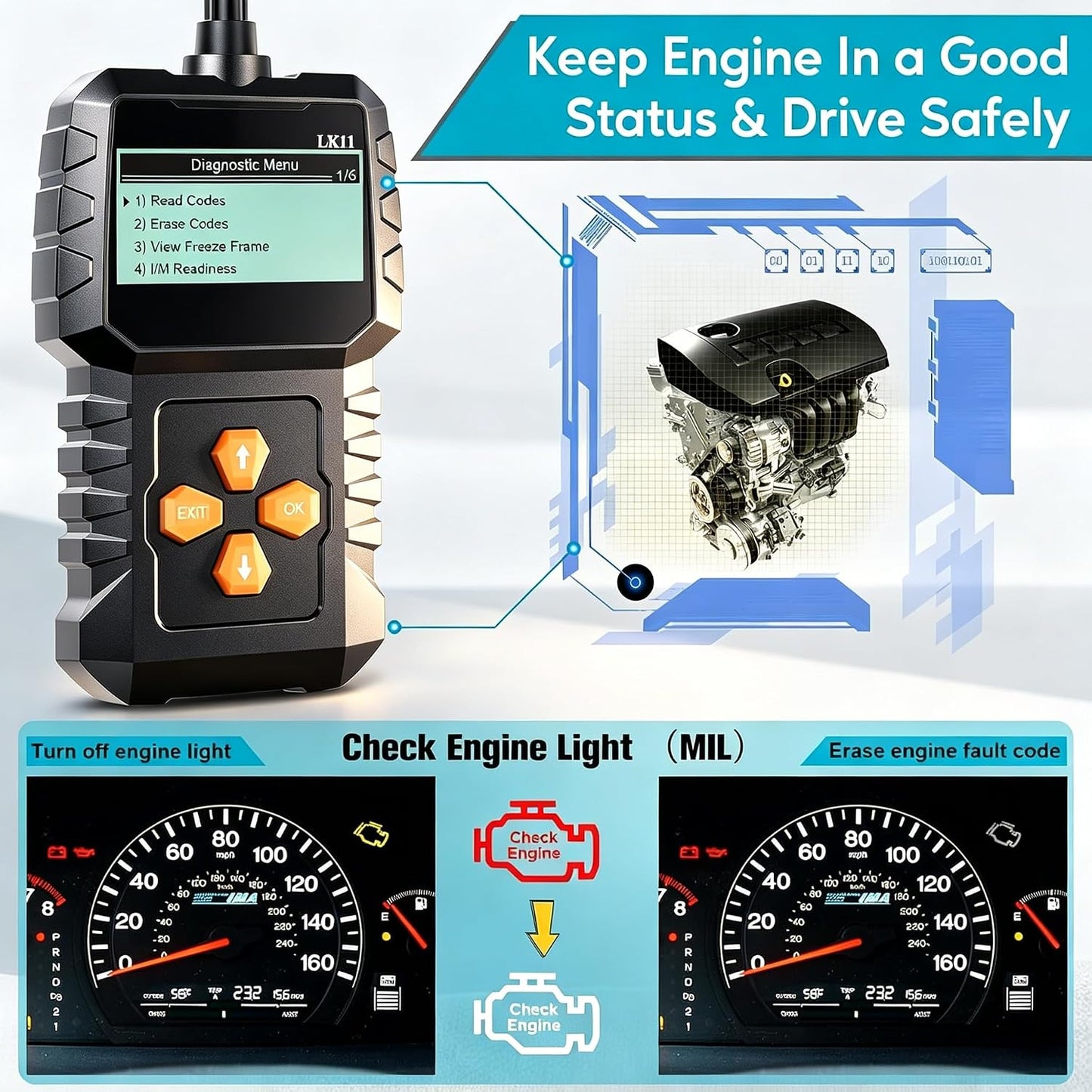 OBD2 Scanner Ease Setup Plug-Play: Clear Reset Engine Error Code Professional Code Reader Diagnostic Scan Tools with Freeze Frame/I/M Readiness for Cars Since 1996 & Newer - LK11
