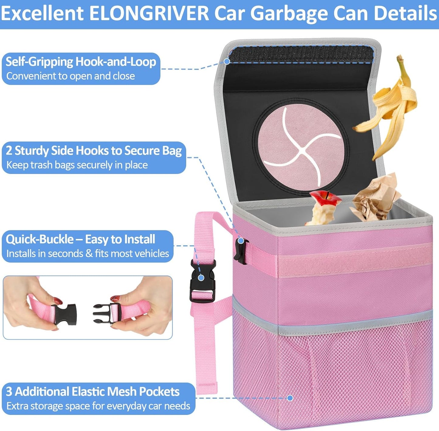 ELONGRIVER Car Trash Can Bin for Back Seat Leak Proof, Cute Car Trash Bag Hanging, Vehicle Trash Can for SUV Truck Van, Automotive Garbage Cans Front Seat Black
