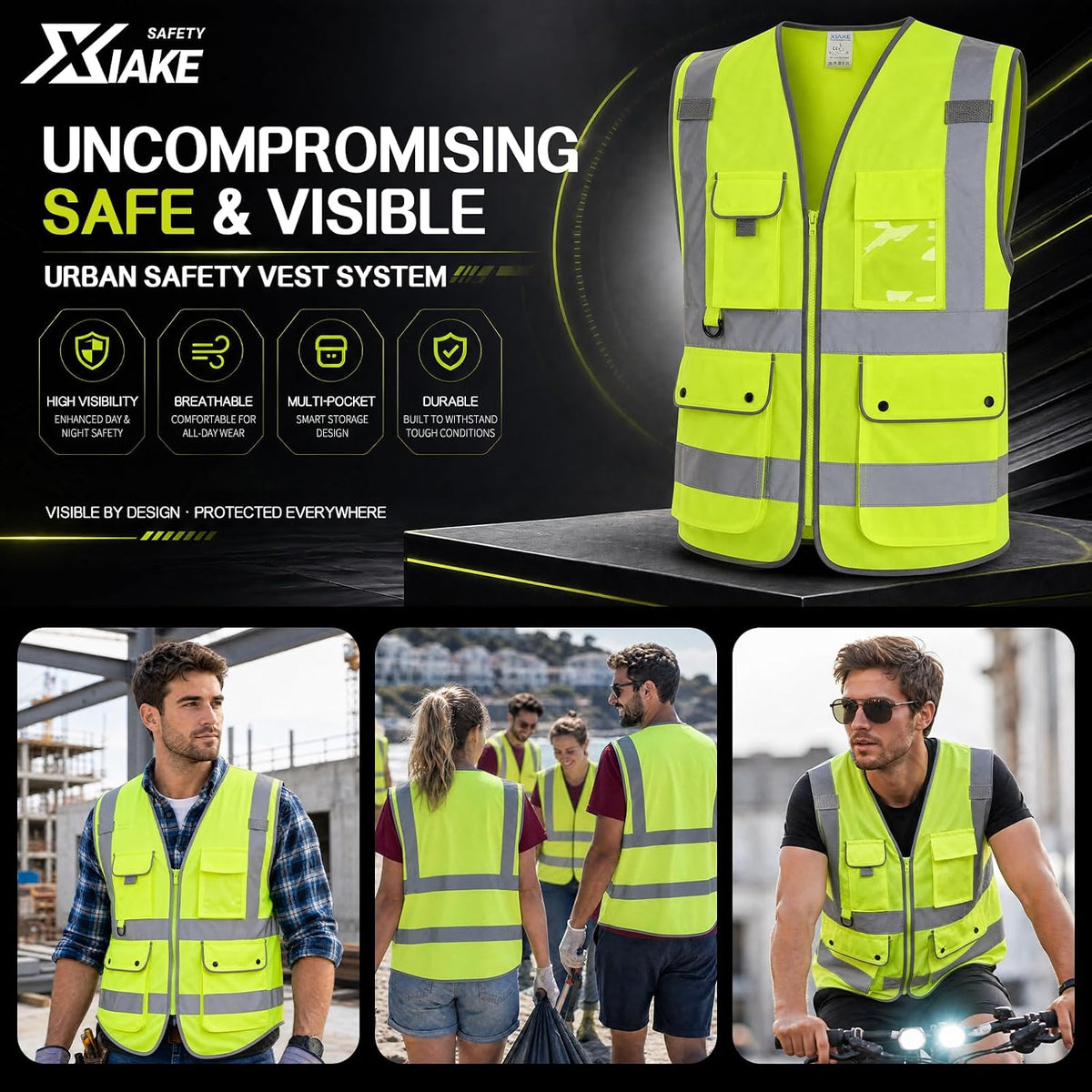 XIAKE Reflective Safety Vest for Men & Women High Visibility Class 2 Vest with Pockets Meets ANSI Standards