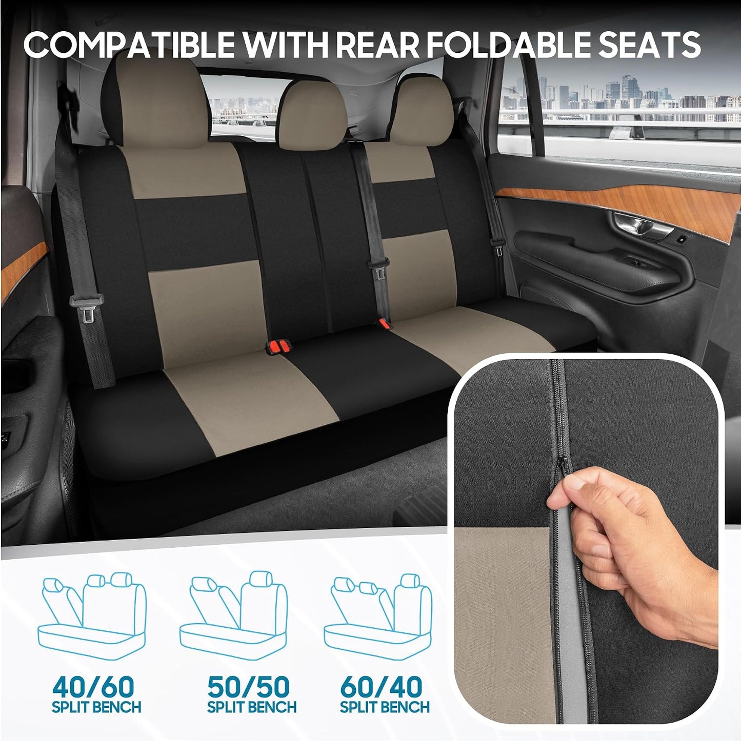 BDK PolyPro Car Seat Covers Full Set in Charcoal on Black – Front and Rear Split Bench for Cars, Easy to Install Cover Set, Accessories Auto Trucks Van SUV