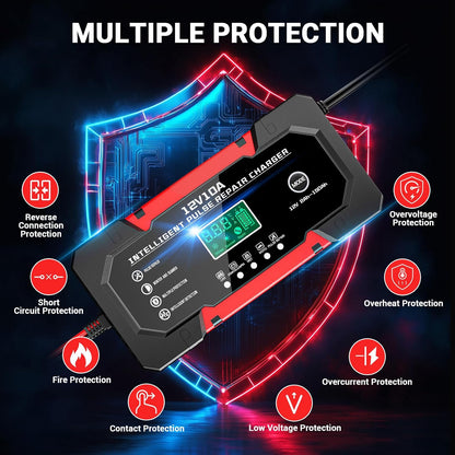 Battery Charger 15A 12V Fully Automatic Smart Trickle Car Battery Charger Maintainer with LCD Display & Temperature Compensation for Car Truck Motorcycle Lawn Mower Boat
