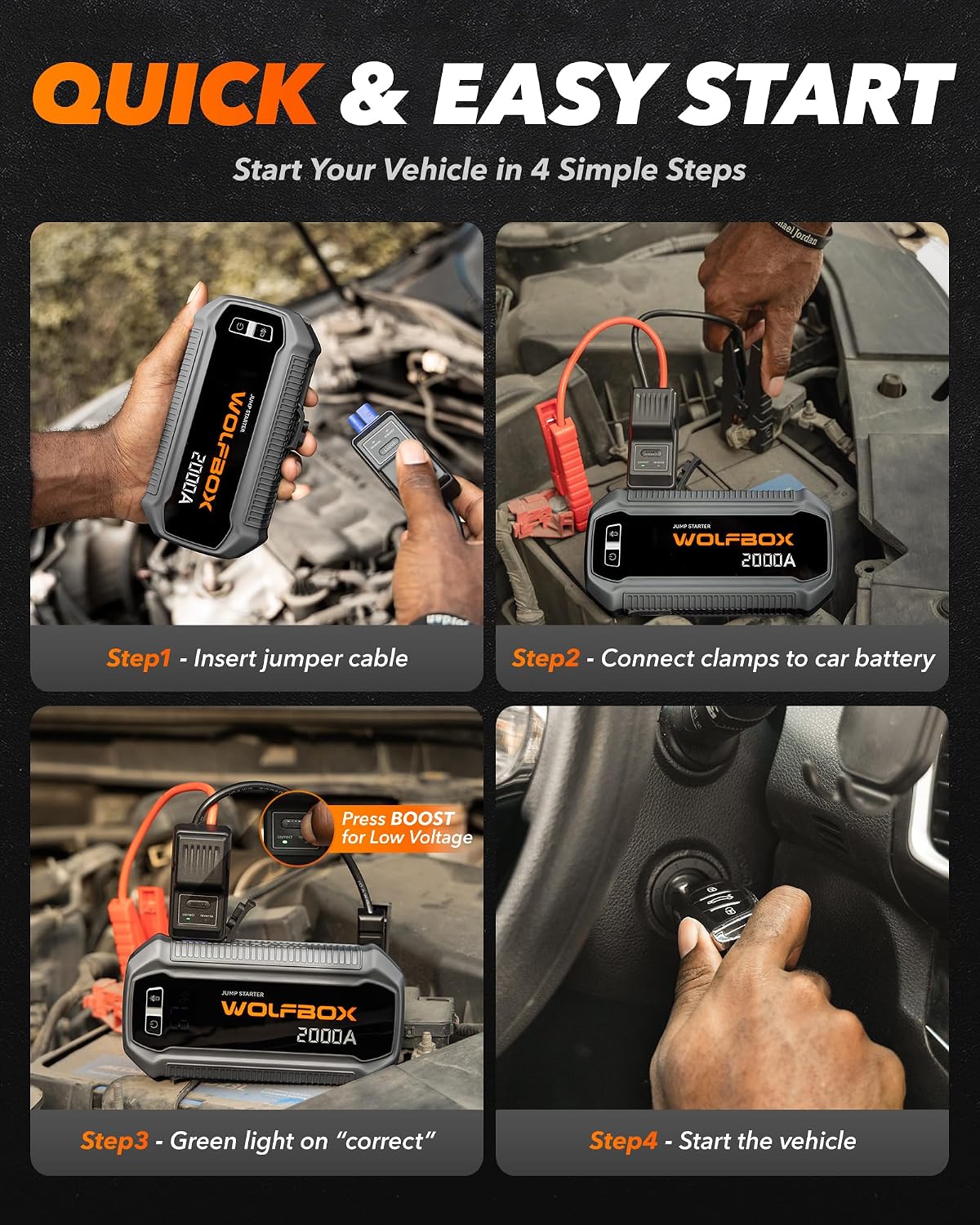WOLFBOX 4000A Jump Starter,12V Car Battery Jumper Starter Portable with 65W Quick Charger,LED Display,88.8Wh Booster Jump Box Pack (10L Gas 10L Diesel Engine) with LED Light,Jumper Cables, MV24