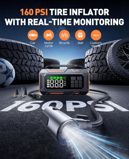 TREKURE 16-in-1 8000A Car Battery Jump Starter with Air Compressor 160PSI, Jump Starter Jump Box (All Gas 12L Diesel) with Portable Jumper Cables, Auto-Shutoff Tire Inflator, Gloves, Tow Rope