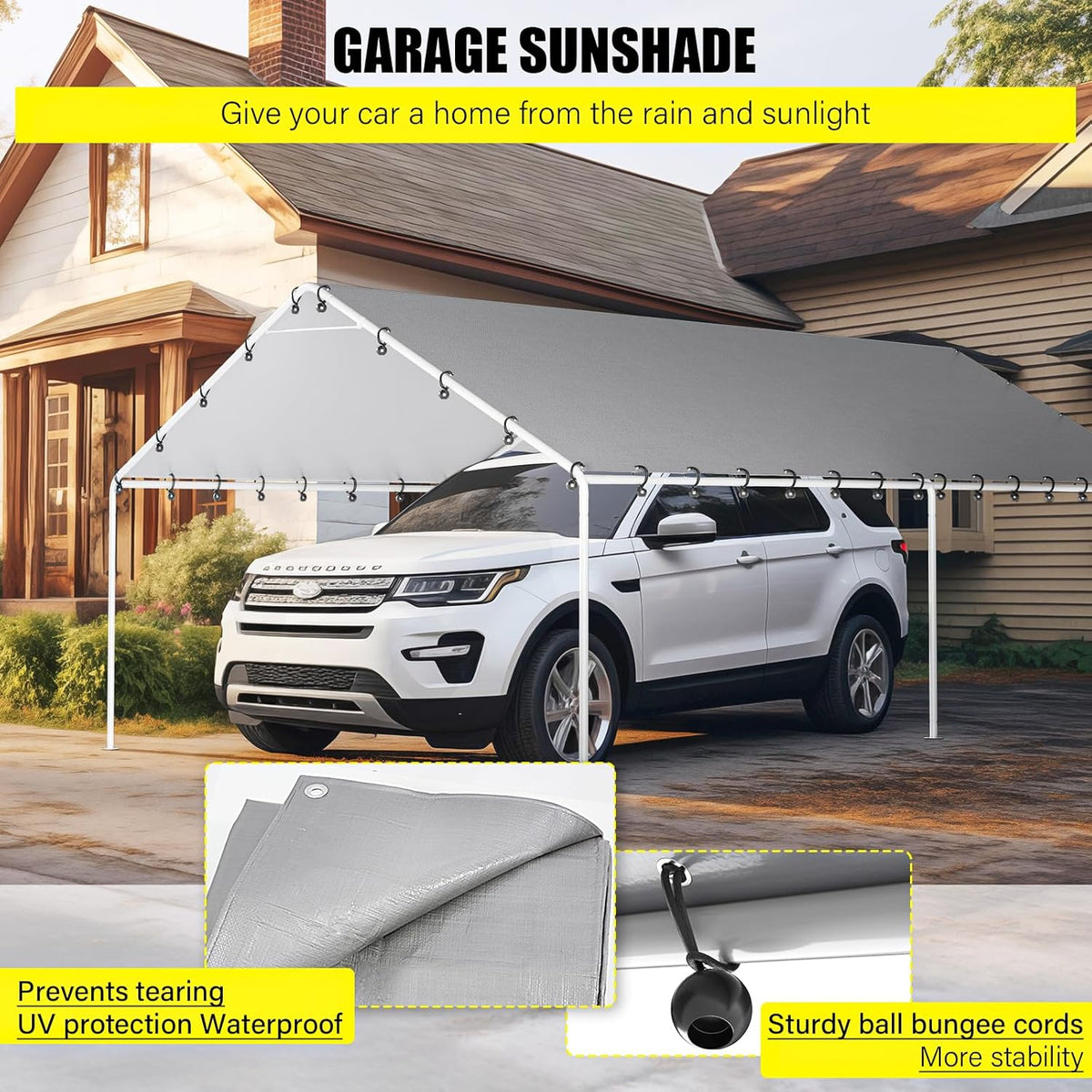 10 x 20 Ft Carport Replacement Canopy Cover Garage Top Tent Shelter Tarp with Free 48 Ball Bungee Cords,White(Only Cover, Frame Not Include)