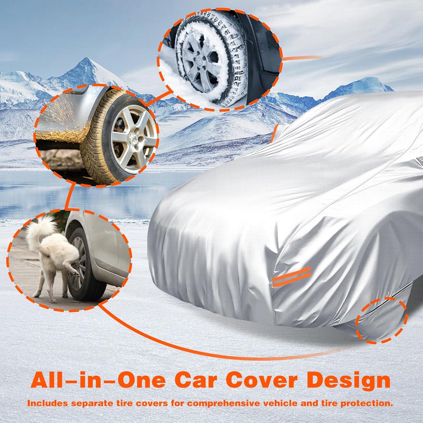 iCOVER Car Cover, Waterproof All Weather Car Covers for Honda Civic Toyota Corolla Chevy Cruze Kia Forte, Outdoor Full Exterior Cover with Detachable Tire Covers, Car Cover for Sedan, Fits up to 193"