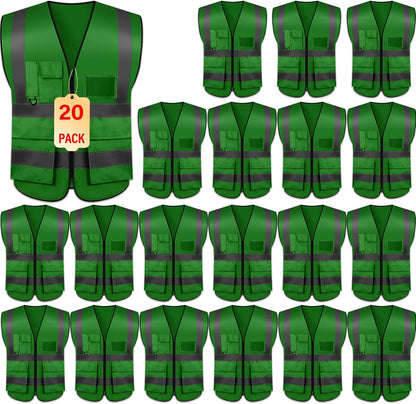Safety Vests 20 Pack,Hi Vis Construction Vest with 5 Pockets and Zipper,Reflective Vest for Men Women Work One Size