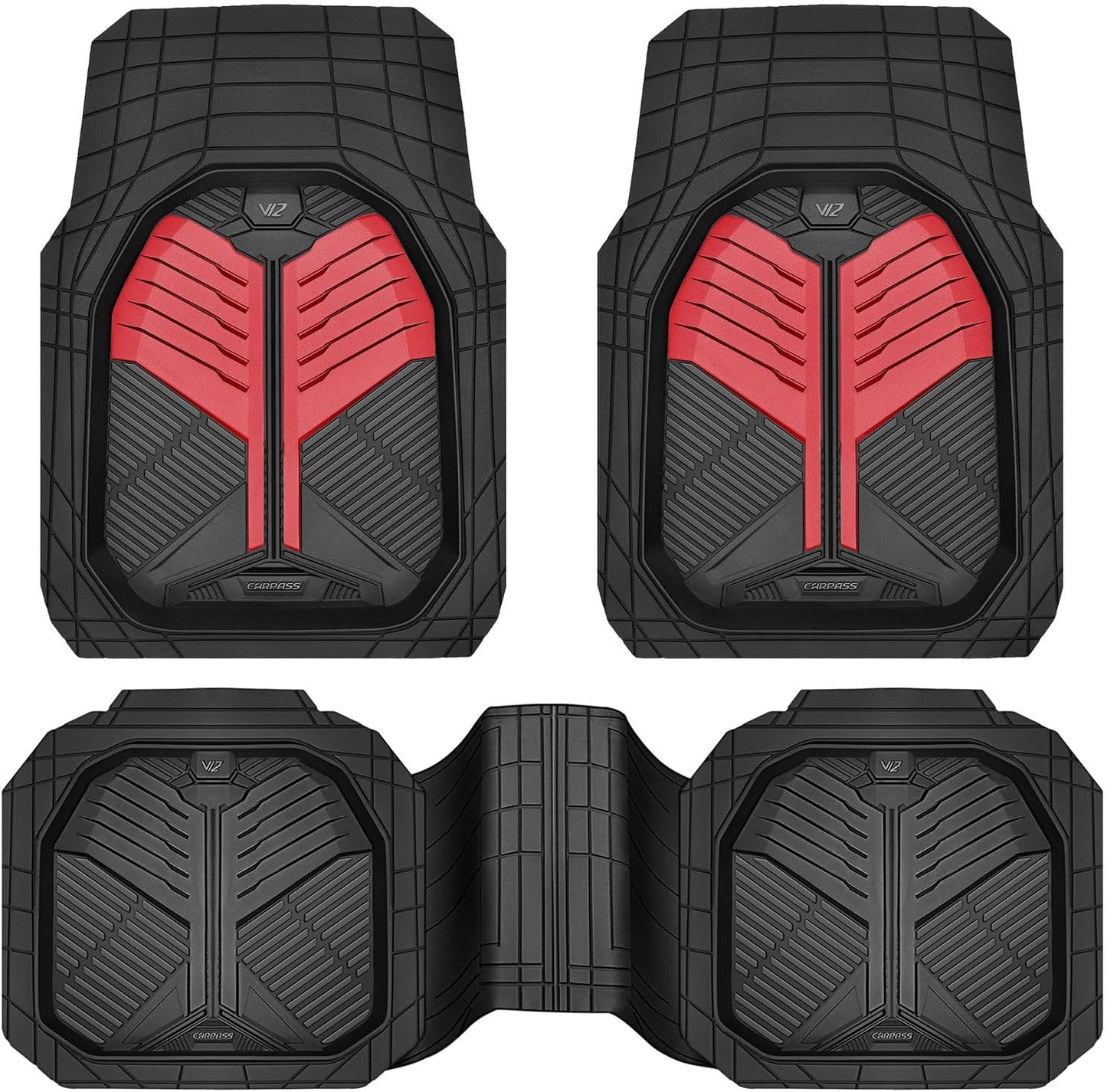 CAR PASS Heavy Duty Rubber Car Mats with Cargo Liner, Deep-Dish Car Floor Mats and Trunk Mat All Weather, Universal Trim-to-Fit for SUVs Trucks Sedans, Waterproof Anti-Slip, Trimmable V12 Black