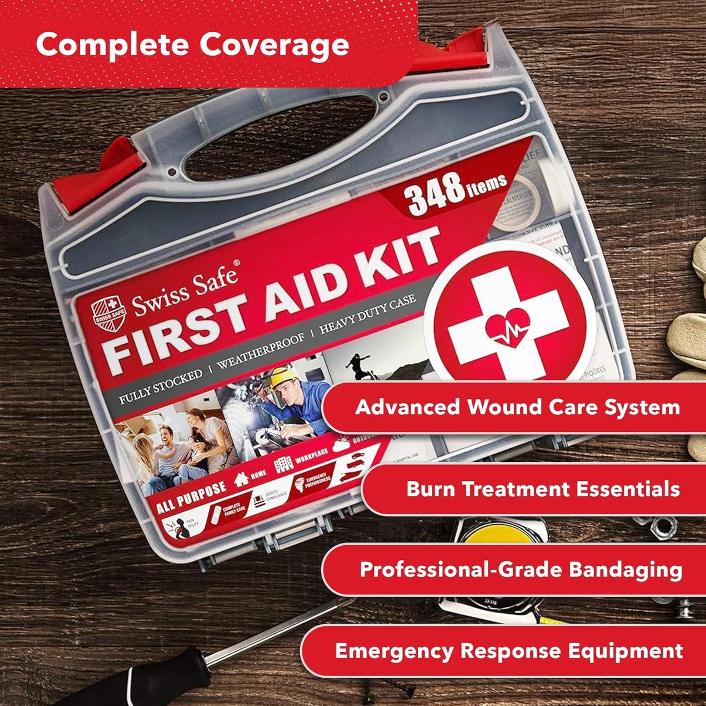 Swiss Safe 2-in-1 First Aid Kit for Car, Travel and Home, 348 Pieces, Large Hardcase with Bonus Mini Kit for Medical Emergency, Survival and Camping