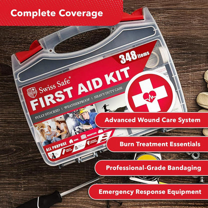 Swiss Safe 2-in-1 First Aid Kit for Car, Travel and Home, 348 Pieces, Large Hardcase with Bonus Mini Kit for Medical Emergency, Survival and Camping