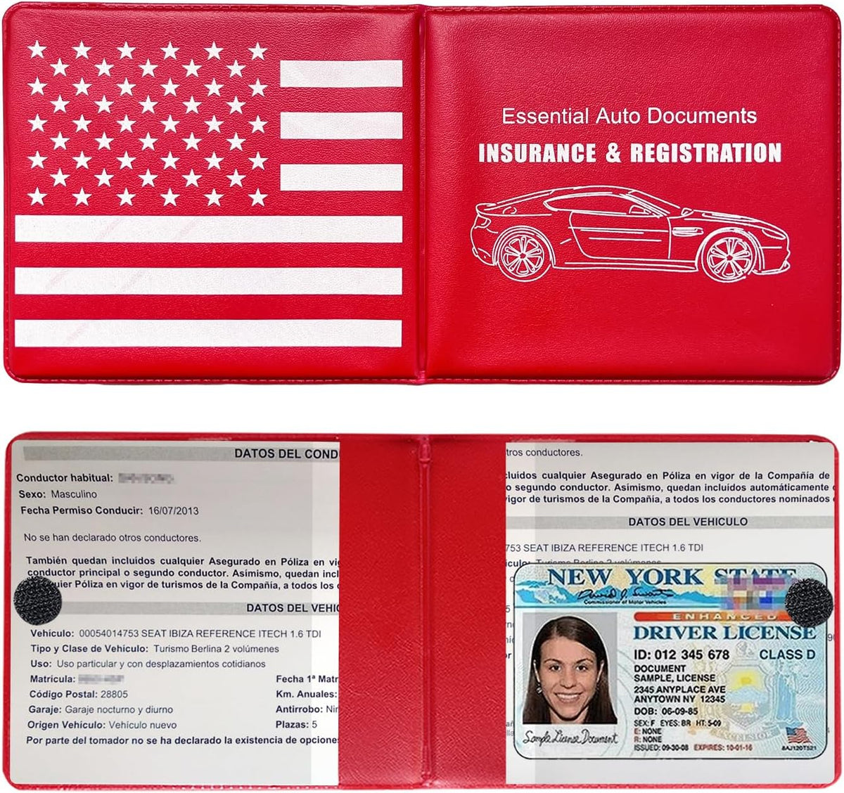 Ziciner Car Registration Insurance Holder, 2Pack Essential Auto Card Document Glove Box Organizer with Touch Fastener, Vehicle Interior Accessories Perfect for Most Car, Truck, SUV (Red/Small Car)