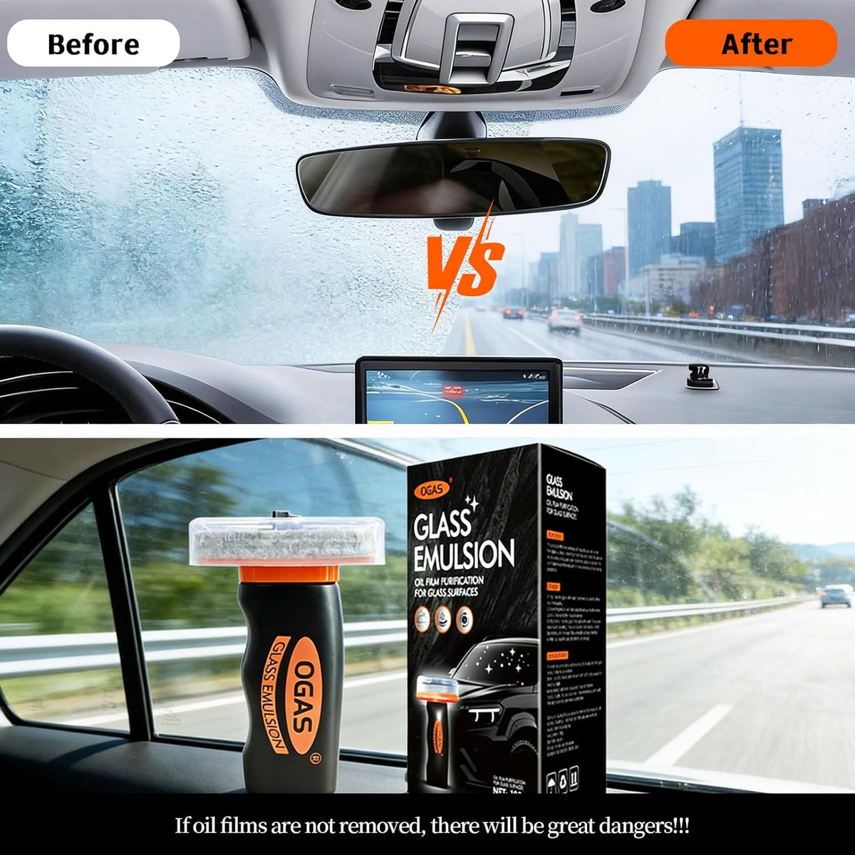1PCS Glass Oil Film Remover for Car Windshield, Glass Emulsion Cleaner with Cleaning Board, Handle Oil Film Remover For Cars Window, Windshield Cleaner Tool for Crystal Clear Driving View